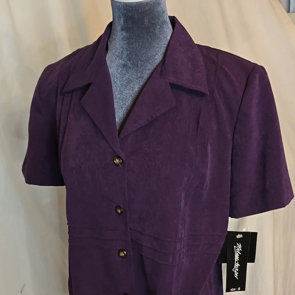 NWT Vintage 90s Purple Short Sleeve Button Down Dress Jacket Size 8 Microsuede